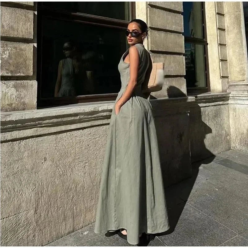 MUJER 2026 Draped Long Dresses for Women Zip Sleeveless Maxi Dress Woman Summer Holiday Womens Dresses Ruched Party Female Dress - Clothesfassion.store