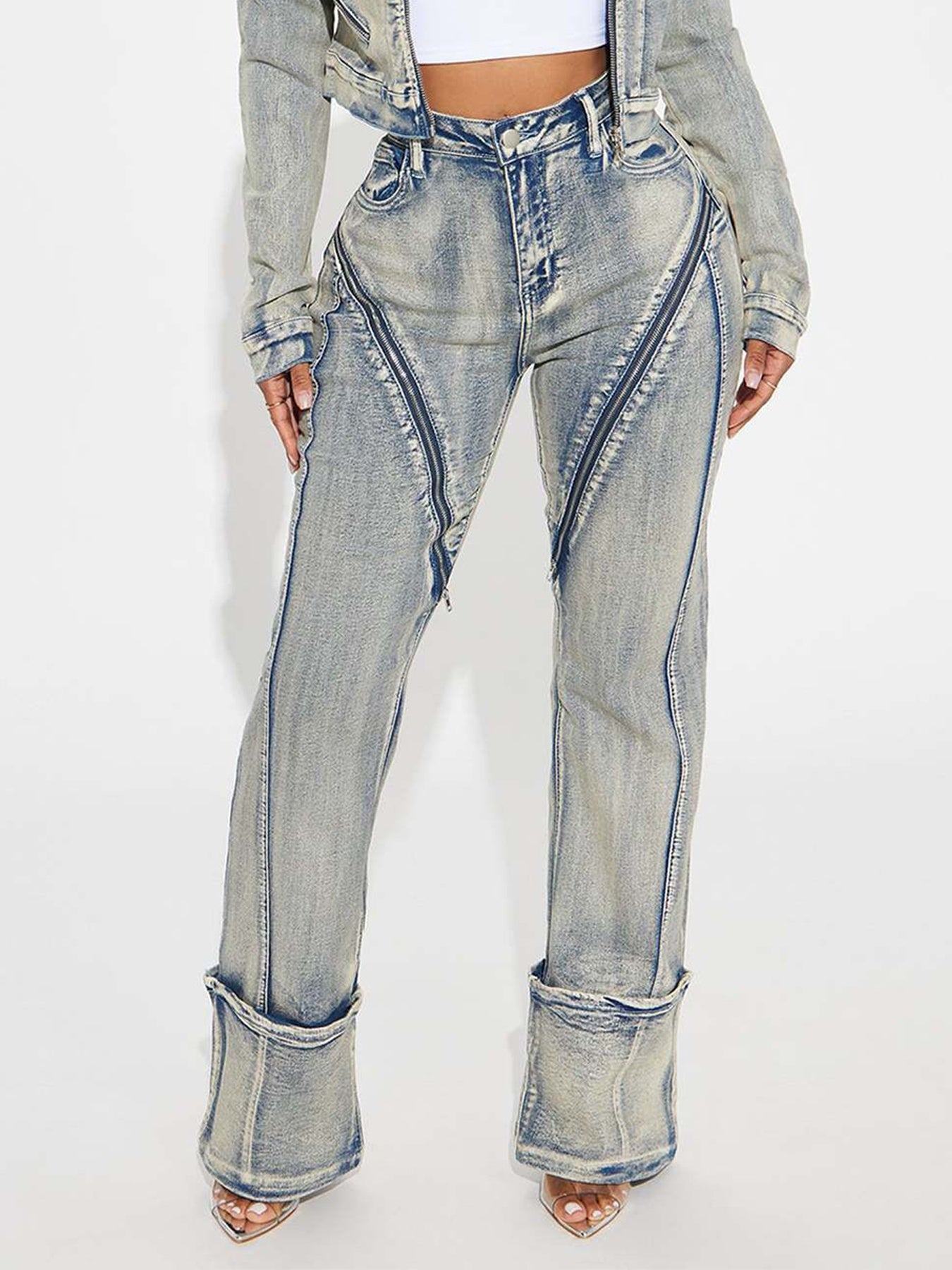 New Fashionable And Sexy Women's High Elasticity Washed Zipper Denim Pants - Clothesfassion.store