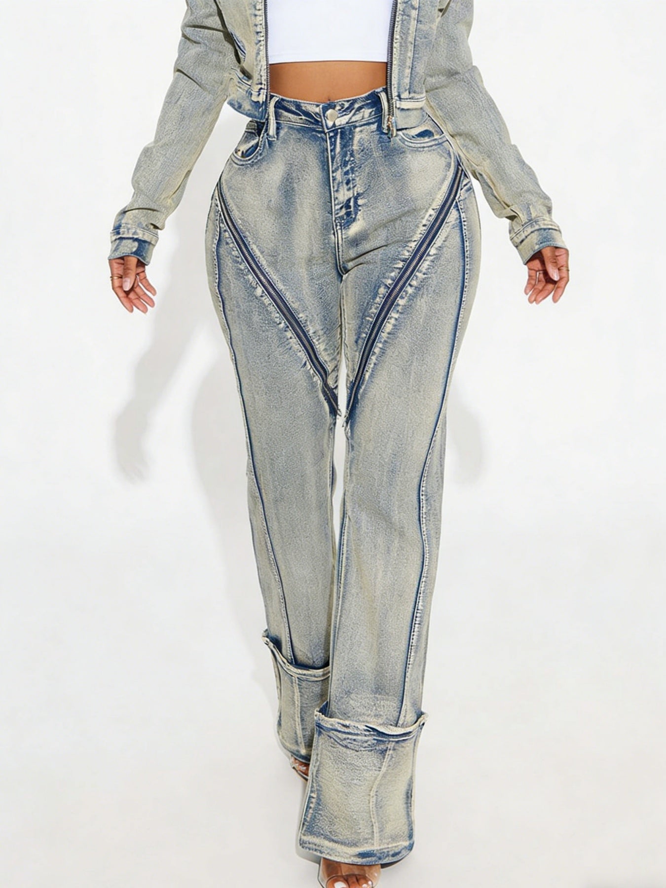 New Fashionable And Sexy Women's High Elasticity Washed Zipper Denim Pants - Clothesfassion.store