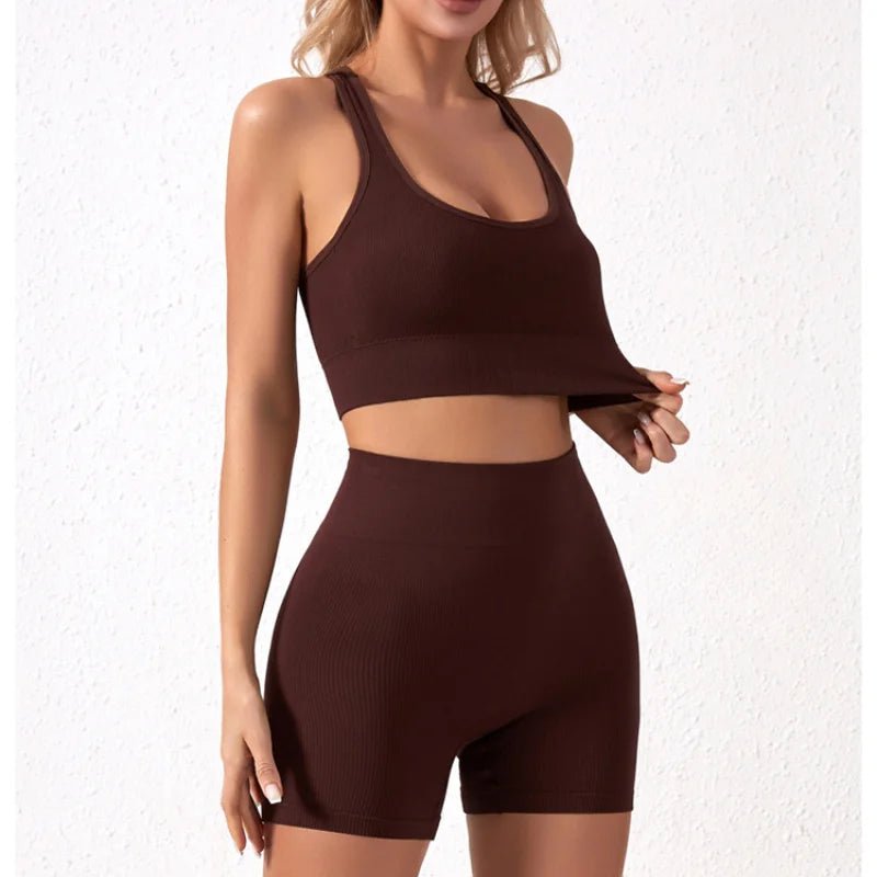 New solid color work back seamless knitting bra belly compression shorts sports running fitness yoga 2 piece set - Clothesfassion.store