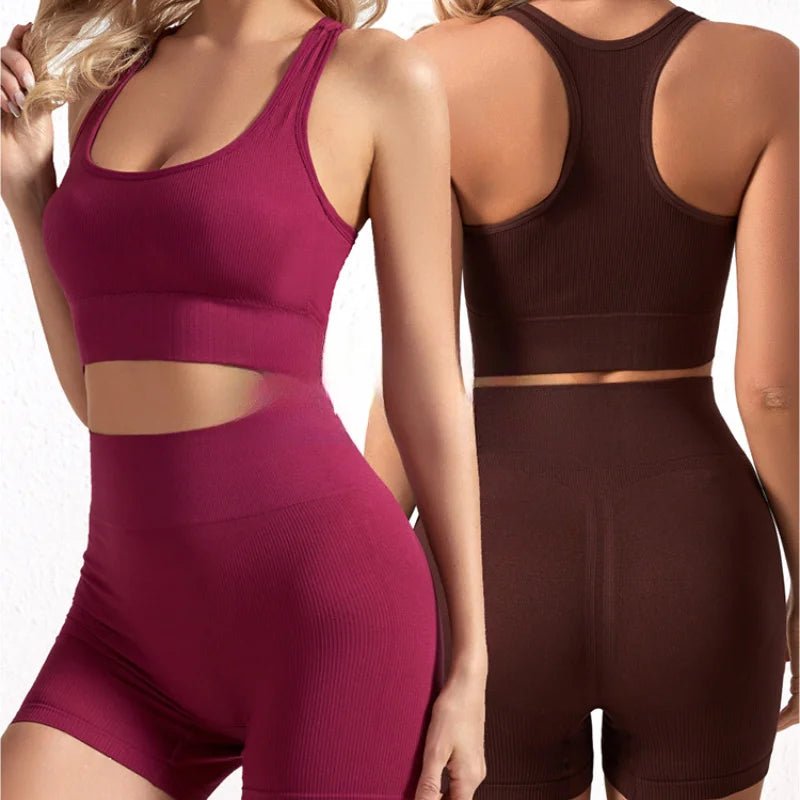 New solid color work back seamless knitting bra belly compression shorts sports running fitness yoga 2 piece set - Clothesfassion.store