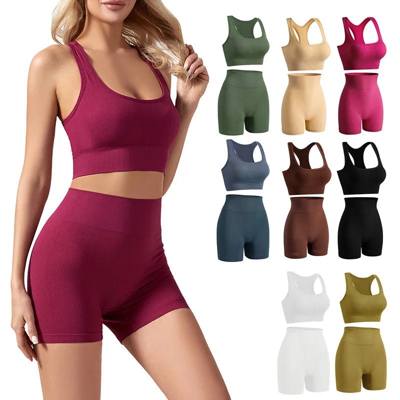 New solid color work back seamless knitting bra belly compression shorts sports running fitness yoga 2 piece set - Clothesfassion.store