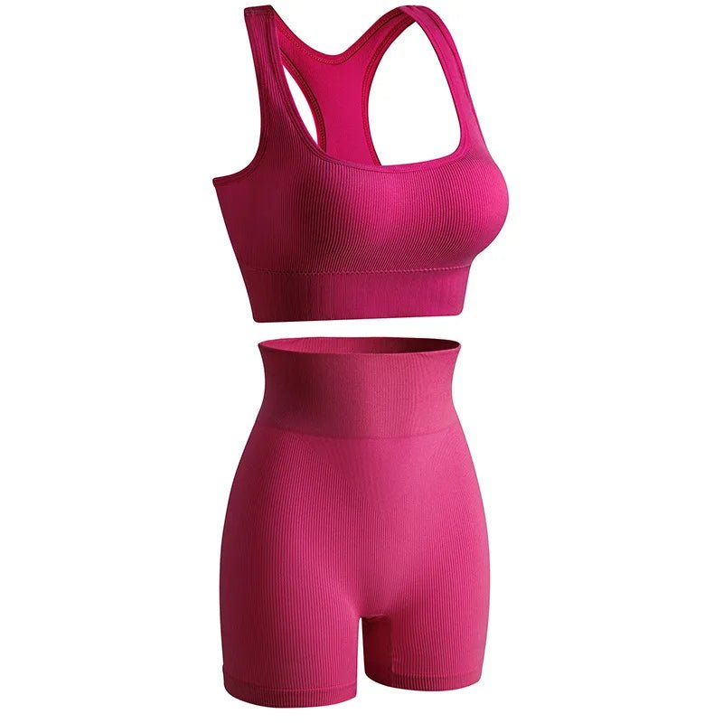 New solid color work back seamless knitting bra belly compression shorts sports running fitness yoga 2 piece set - Clothesfassion.store
