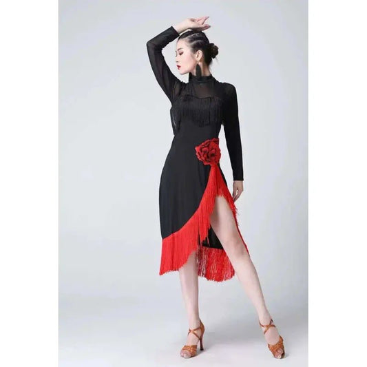 New Women Dresses Big Red Flower Tassel Dance Skirt Latin Dancing Long Sleeve Dress Latina Black Sexy Girls Adult Costume Rumba - Clothesfassion.store
