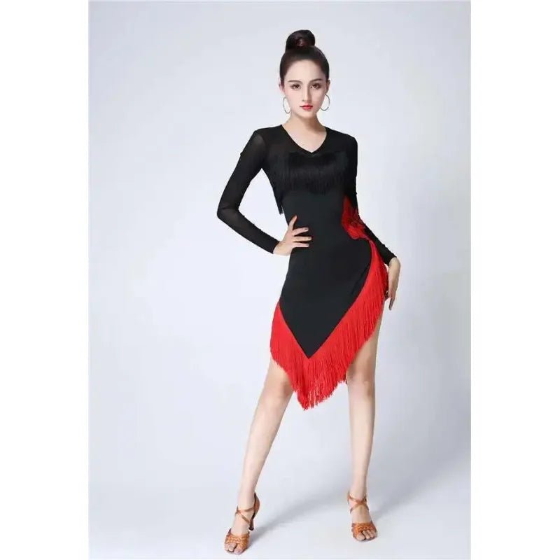 New Women Dresses Big Red Flower Tassel Dance Skirt Latin Dancing Long Sleeve Dress Latina Black Sexy Girls Adult Costume Rumba - Clothesfassion.store