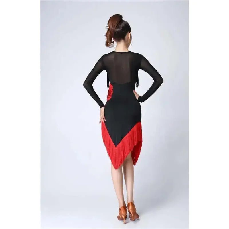 New Women Dresses Big Red Flower Tassel Dance Skirt Latin Dancing Long Sleeve Dress Latina Black Sexy Girls Adult Costume Rumba - Clothesfassion.store