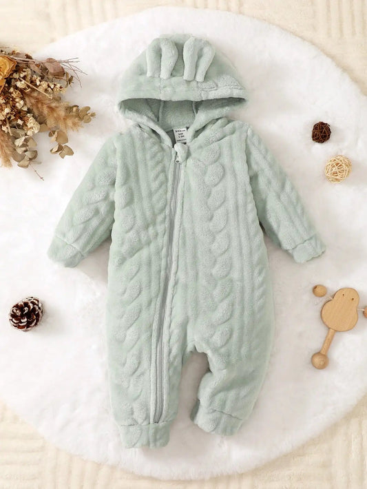 Newborn Baby Boy Autumn and winter Plush Jumpsuit Hooded Long sleeved Zipper Jumpsuit suitable for Male babies aged 0 - 18 Months - Clothesfassion.store