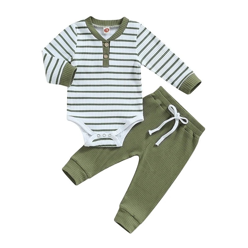 Newborn Baby Boys Girl Fall Winter Clothes Ribbed Knitted Long Sleeve Romper Solid Long Pants Cotton Infant Outfits - Clothesfassion.store