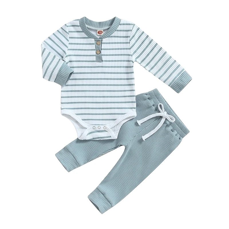 Newborn Baby Boys Girl Fall Winter Clothes Ribbed Knitted Long Sleeve Romper Solid Long Pants Cotton Infant Outfits - Clothesfassion.store