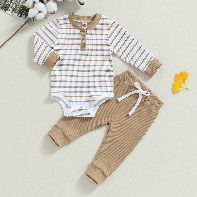 Newborn Baby Boys Girl Fall Winter Clothes Ribbed Knitted Long Sleeve Romper Solid Long Pants Cotton Infant Outfits - Clothesfassion.store