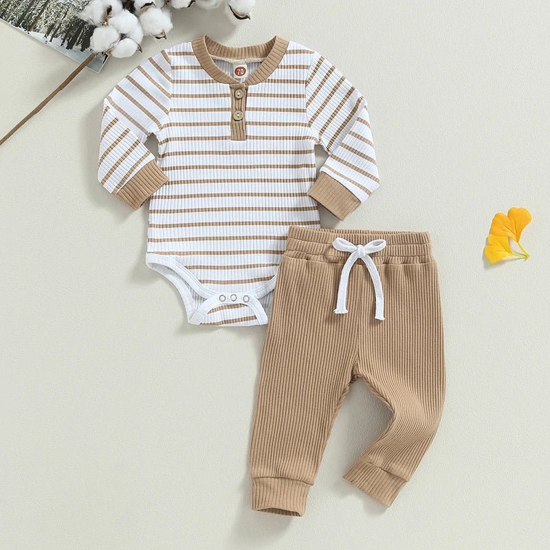 Newborn Baby Boys Girl Fall Winter Clothes Ribbed Knitted Long Sleeve Romper Solid Long Pants Cotton Infant Outfits - Clothesfassion.store