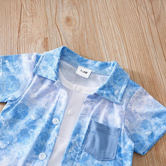 Newborn Clothes Vacation Wave Full Print Shirt Fake Two Comfortable Soft Boys And Girls Summer Short Sleeve Baby Jumpsuit - Clothesfassion.store