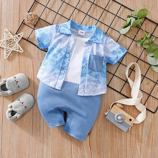 Newborn Clothes Vacation Wave Full Print Shirt Fake Two Comfortable Soft Boys And Girls Summer Short Sleeve Baby Jumpsuit - Clothesfassion.store