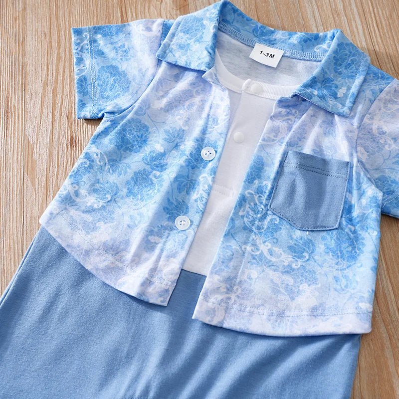 Newborn Clothes Vacation Wave Full Print Shirt Fake Two Comfortable Soft Boys And Girls Summer Short Sleeve Baby Jumpsuit - Clothesfassion.store