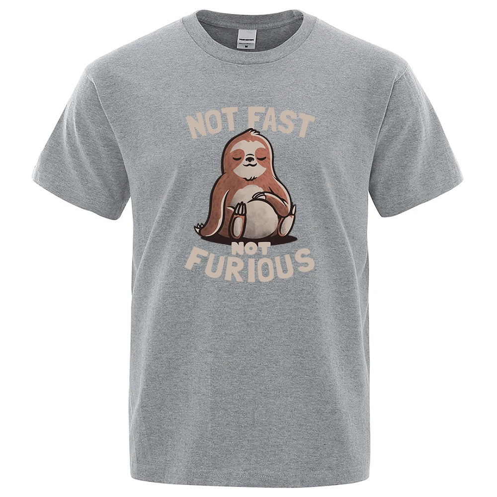 Not Fast Not Furious Kawaii Sloth Print Clothing Men Street Oversized T Shirts Breathable Cotton Streetwear Creativity T-Shirt - Clothesfassion.store
