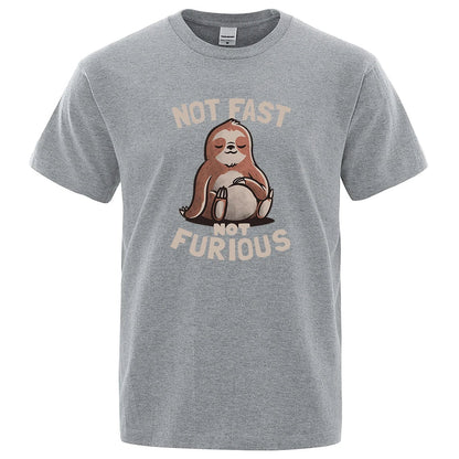 Not Fast Not Furious Kawaii Sloth Print Clothing Men Street Oversized T Shirts Breathable Cotton Streetwear Creativity T-Shirt - Clothesfassion.store