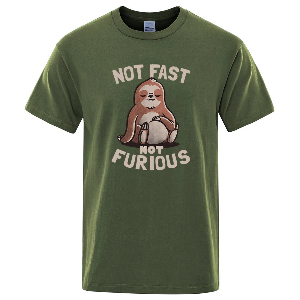 Not Fast Not Furious Kawaii Sloth Print Clothing Men Street Oversized T Shirts Breathable Cotton Streetwear Creativity T-Shirt - Clothesfassion.store