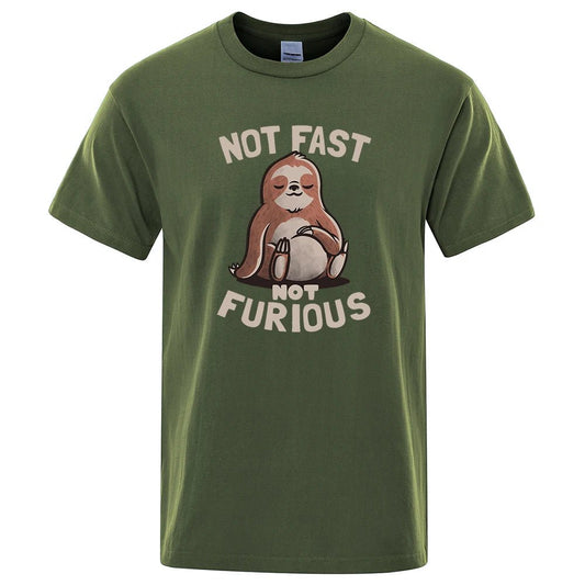 Not Fast Not Furious Kawaii Sloth Print Clothing Men Street Oversized T Shirts Breathable Cotton Streetwear Creativity T-Shirt - Clothesfassion.store
