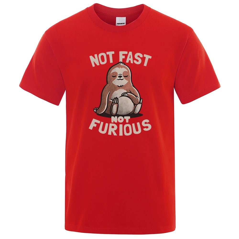 Not Fast Not Furious Kawaii Sloth Print Clothing Men Street Oversized T Shirts Breathable Cotton Streetwear Creativity T-Shirt - Clothesfassion.store