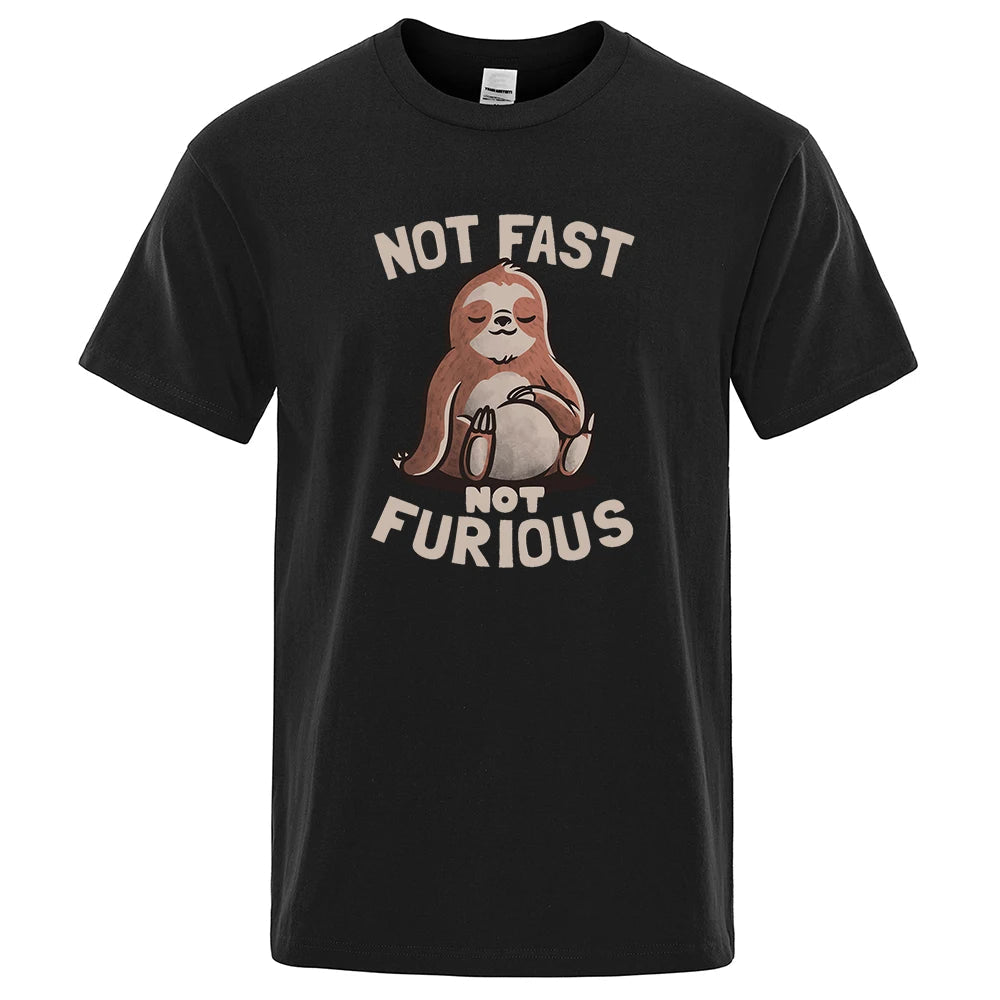 Not Fast Not Furious Kawaii Sloth Print Clothing Men Street Oversized T Shirts Breathable Cotton Streetwear Creativity T-Shirt - Clothesfassion.store