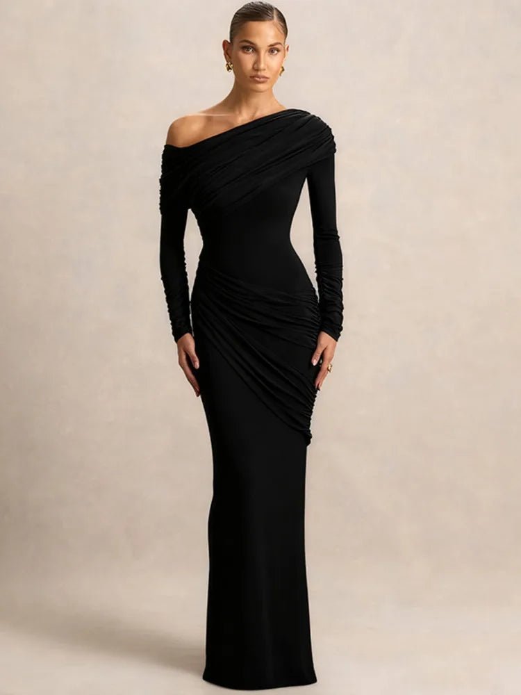 One Shoulder Long Sleeve Sexy Maxi Dress Women Gown Elegant Skew Collar Backless Ruched Solid Chic Bodycon Club Party Dresses - Clothesfassion.store