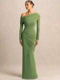 One Shoulder Long Sleeve Sexy Maxi Dress Women Gown Elegant Skew Collar Backless Ruched Solid Chic Bodycon Club Party Dresses - Clothesfassion.store