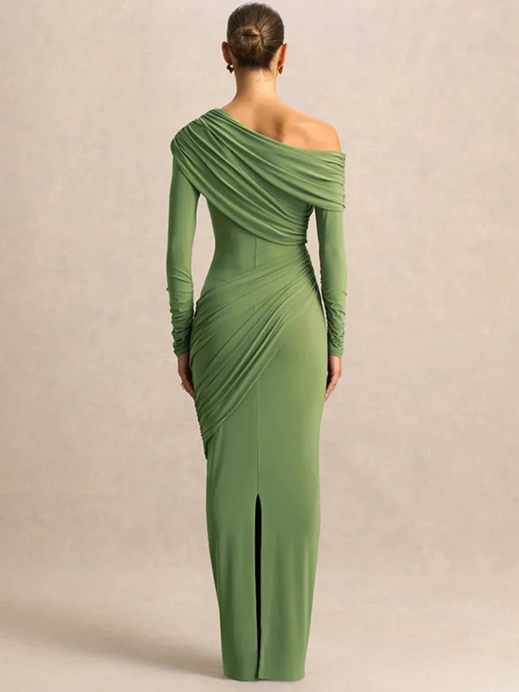 One Shoulder Long Sleeve Sexy Maxi Dress Women Gown Elegant Skew Collar Backless Ruched Solid Chic Bodycon Club Party Dresses - Clothesfassion.store