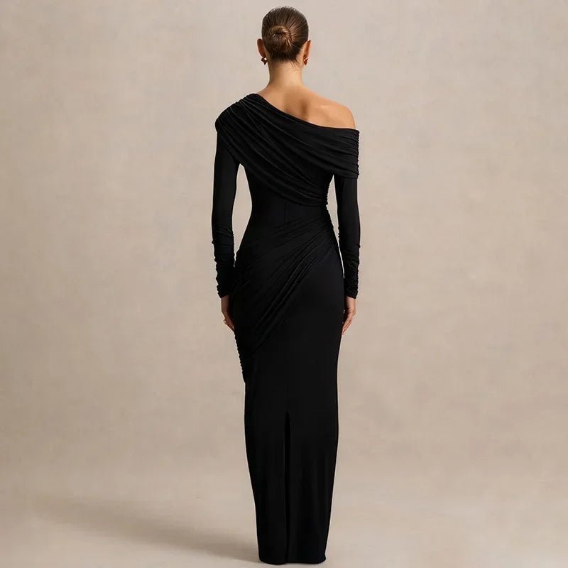 One Shoulder Long Sleeve Sexy Maxi Dress Women Gown Elegant Skew Collar Backless Ruched Solid Chic Bodycon Club Party Dresses - Clothesfassion.store