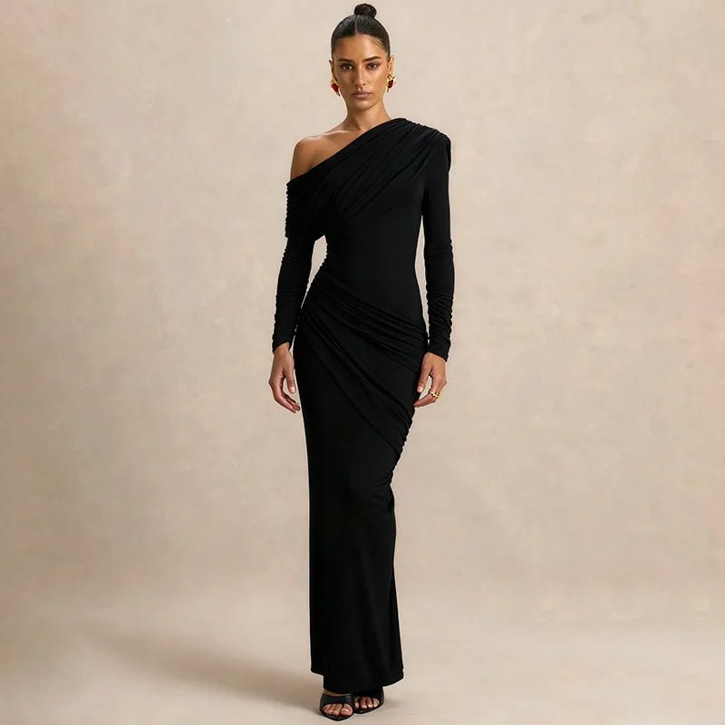 One Shoulder Long Sleeve Sexy Maxi Dress Women Gown Elegant Skew Collar Backless Ruched Solid Chic Bodycon Club Party Dresses - Clothesfassion.store