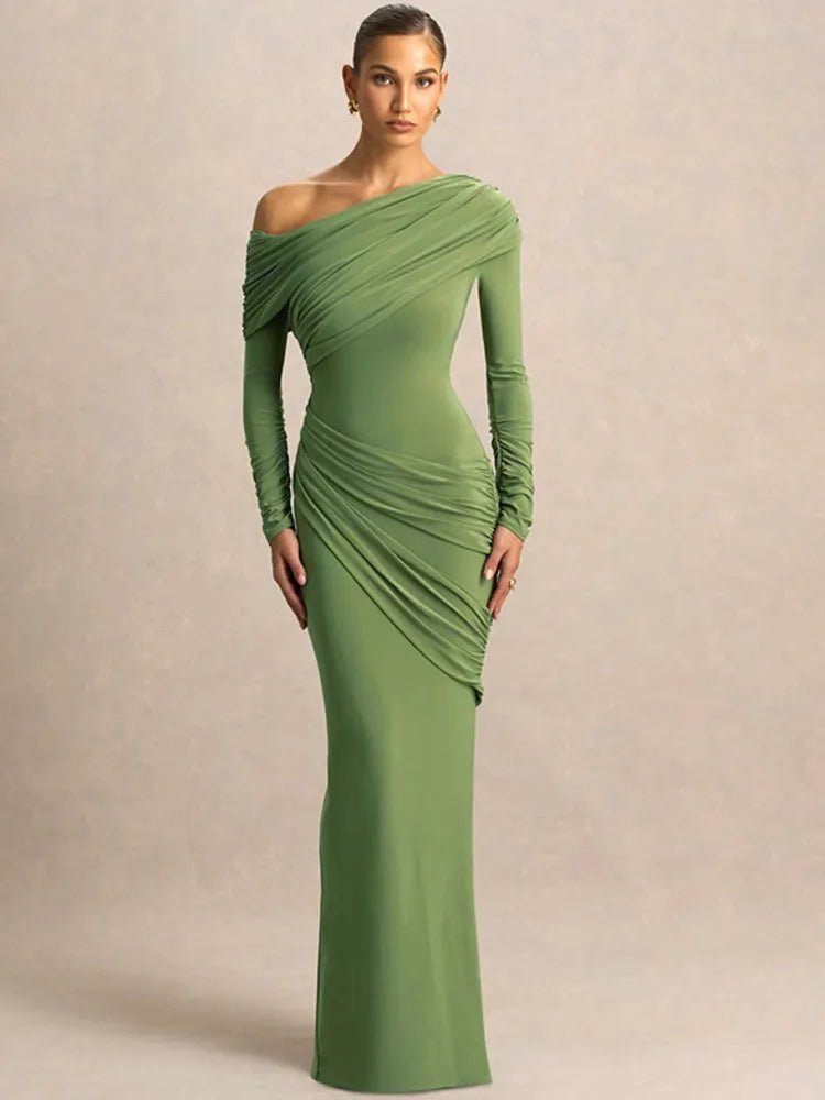One Shoulder Long Sleeve Sexy Maxi Dress Women Gown Elegant Skew Collar Backless Ruched Solid Chic Bodycon Club Party Dresses - Clothesfassion.store