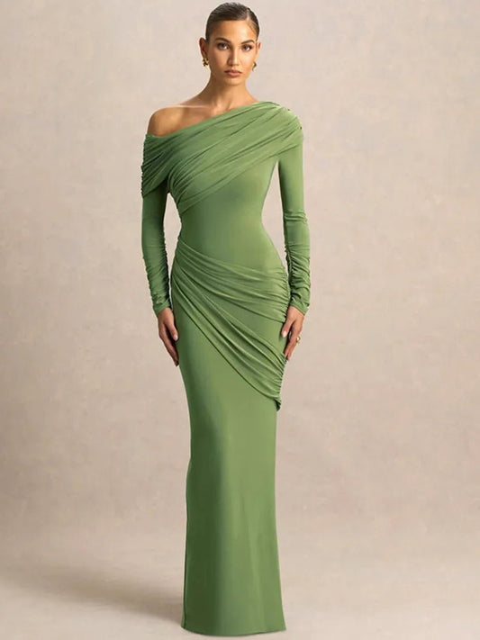 One Shoulder Long Sleeve Sexy Maxi Dress Women Gown Elegant Skew Collar Backless Ruched Solid Chic Bodycon Club Party Dresses - Clothesfassion.store
