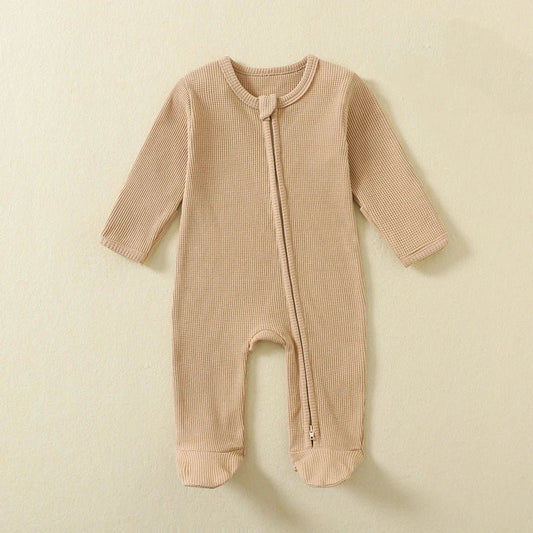 Organic Cotton Baby Rompers Waffle 100% Cotton Infant Boys Girls Jumpsuit Zipper Footed Solid Long - Sleeve Pajamas Sleepsuits - Clothesfassion.store