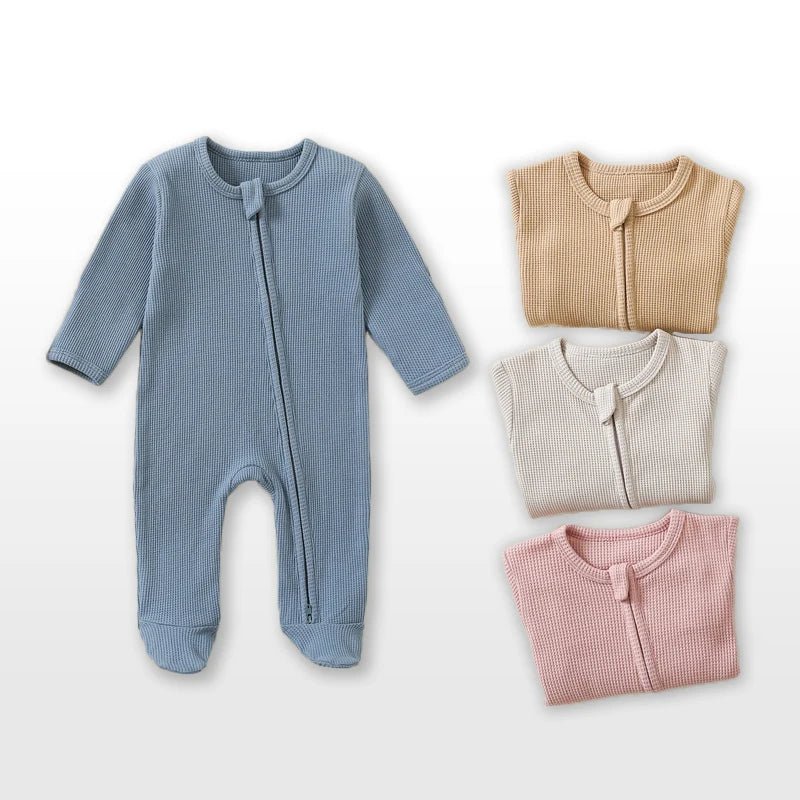 Organic Cotton Baby Rompers Waffle 100% Cotton Infant Boys Girls Jumpsuit Zipper Footed Solid Long - Sleeve Pajamas Sleepsuits - Clothesfassion.store
