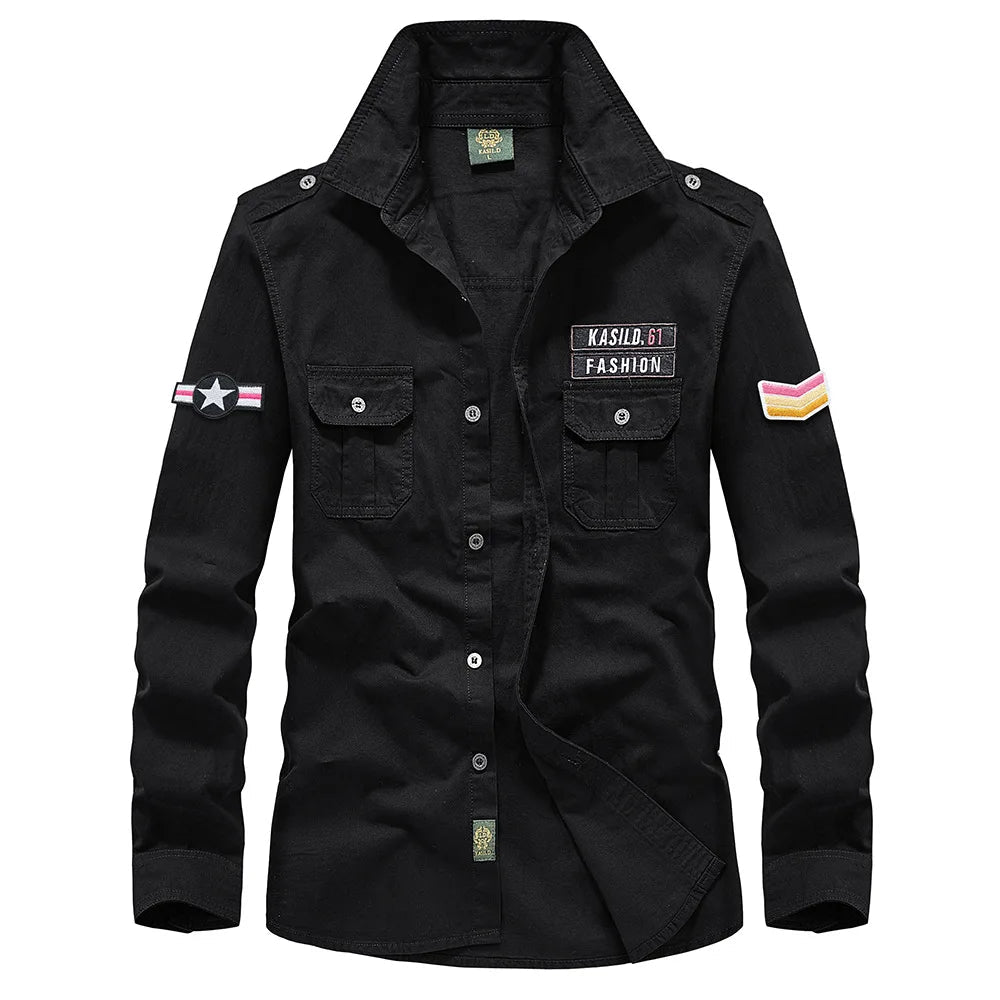 Oversize Men's Shirts Male Long Sleeve Overshirt 6XL Pure Cotton Embroidery Plus Size Military Casual Shirt Men Clothing - Clothesfassion.store