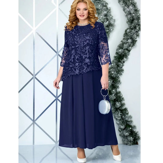 Plus Size Dresses Woman Two - piece Embroidery Floral Elegant Beautiful Party Dress for Formal Occasions Women's Dresses - Clothesfassion.store