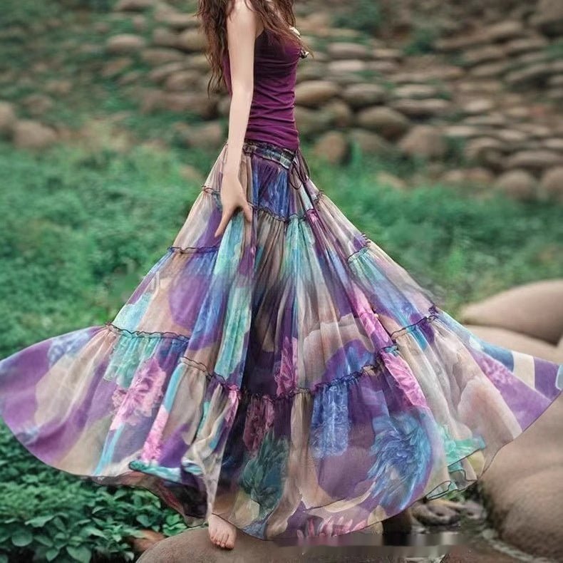 Printed Elastic Waist Slimming Large Hem Skirt - Clothesfassion.store