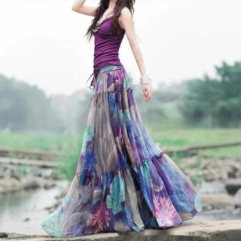 Printed Elastic Waist Slimming Large Hem Skirt - Clothesfassion.store