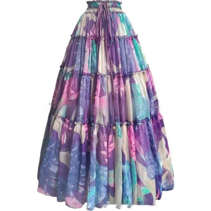 Printed Elastic Waist Slimming Large Hem Skirt - Clothesfassion.store