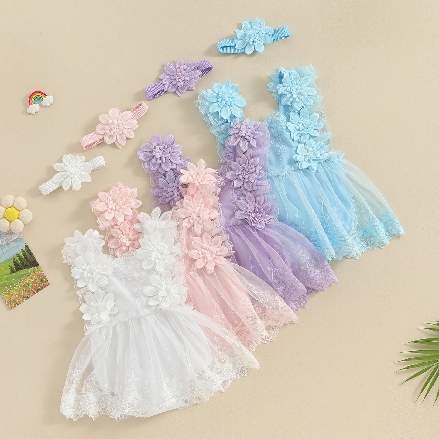 Pudcoco Infant Baby Girls Romper, Summer Sleeveless Square Neck Floral Lace Casual Party Street Bodysuit Tops + Head Band 0 - 18M - Clothesfassion.store