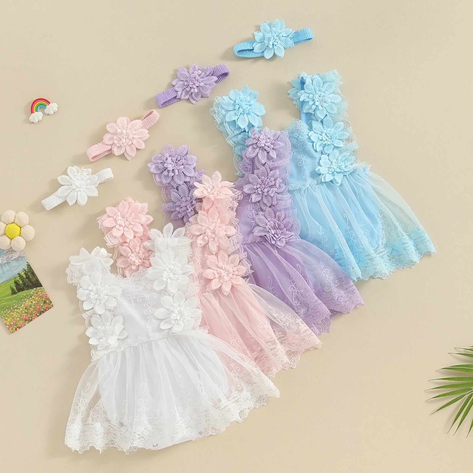 Pudcoco Infant Baby Girls Romper, Summer Sleeveless Square Neck Floral Lace Casual Party Street Bodysuit Tops + Head Band 0 - 18M - Clothesfassion.store