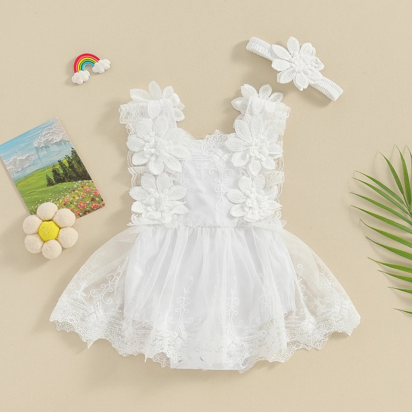 Pudcoco Infant Baby Girls Romper, Summer Sleeveless Square Neck Floral Lace Casual Party Street Bodysuit Tops + Head Band 0 - 18M - Clothesfassion.store