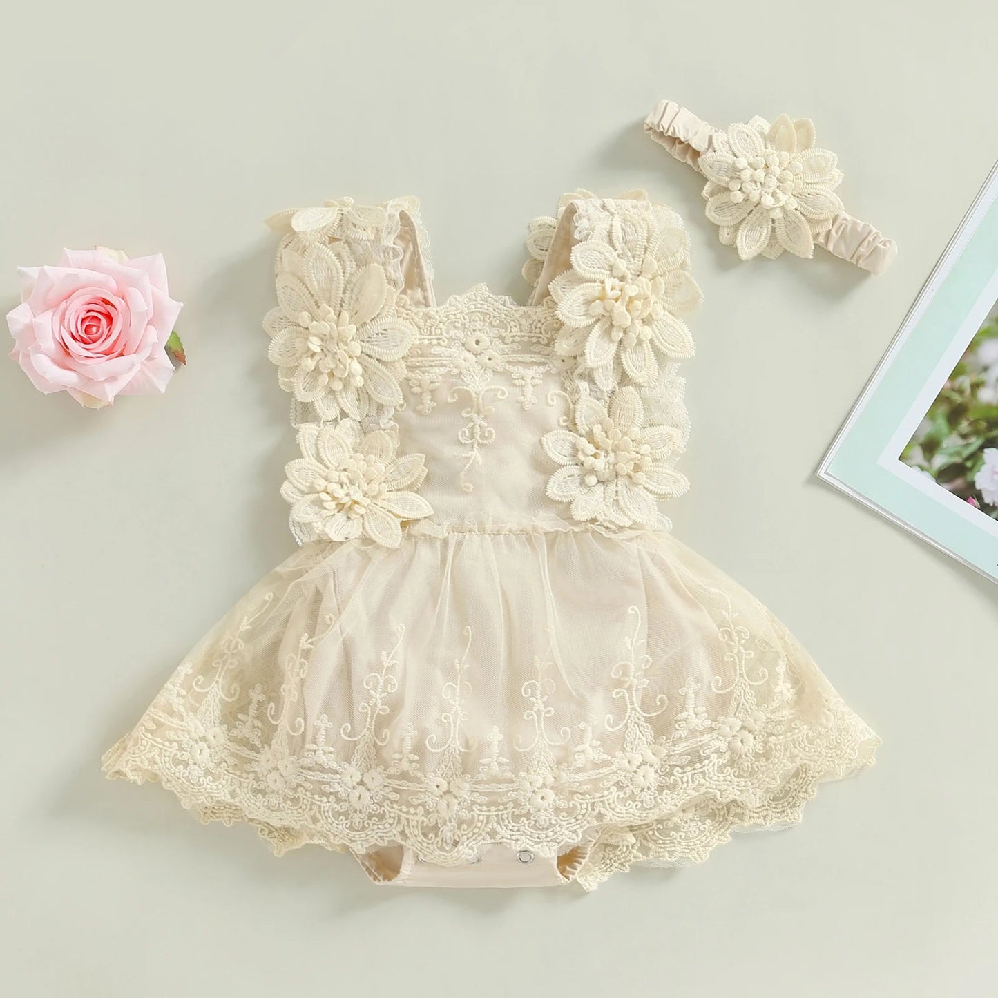 Pudcoco Infant Baby Girls Romper, Summer Sleeveless Square Neck Floral Lace Casual Party Street Bodysuit Tops + Head Band 0 - 18M - Clothesfassion.store