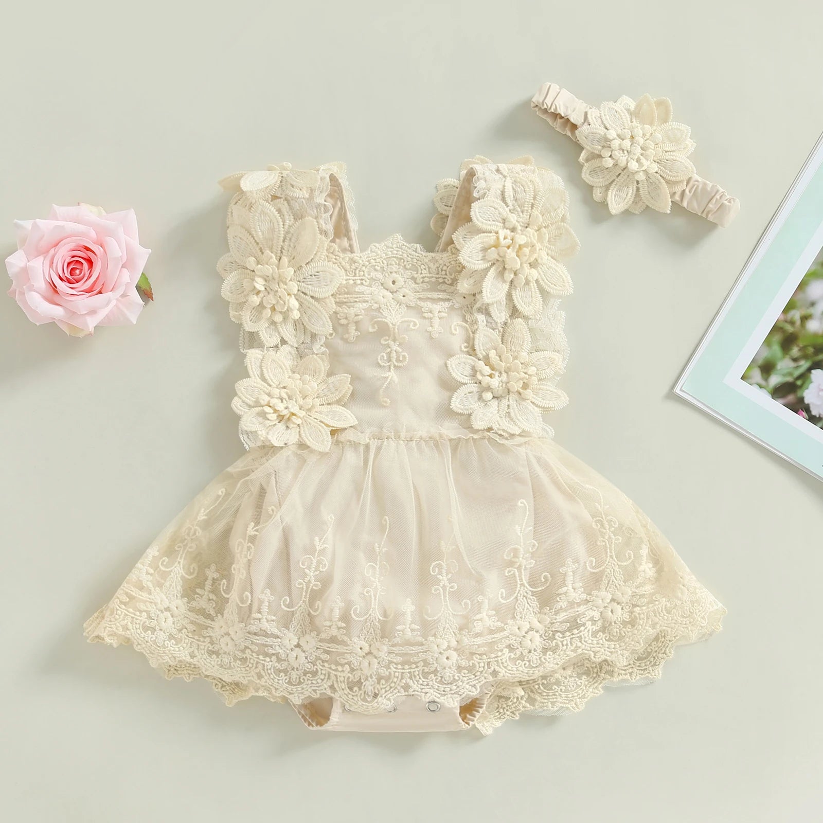 Pudcoco Infant Baby Girls Romper, Summer Sleeveless Square Neck Floral Lace Casual Party Street Bodysuit Tops + Head Band 0 - 18M - Clothesfassion.store
