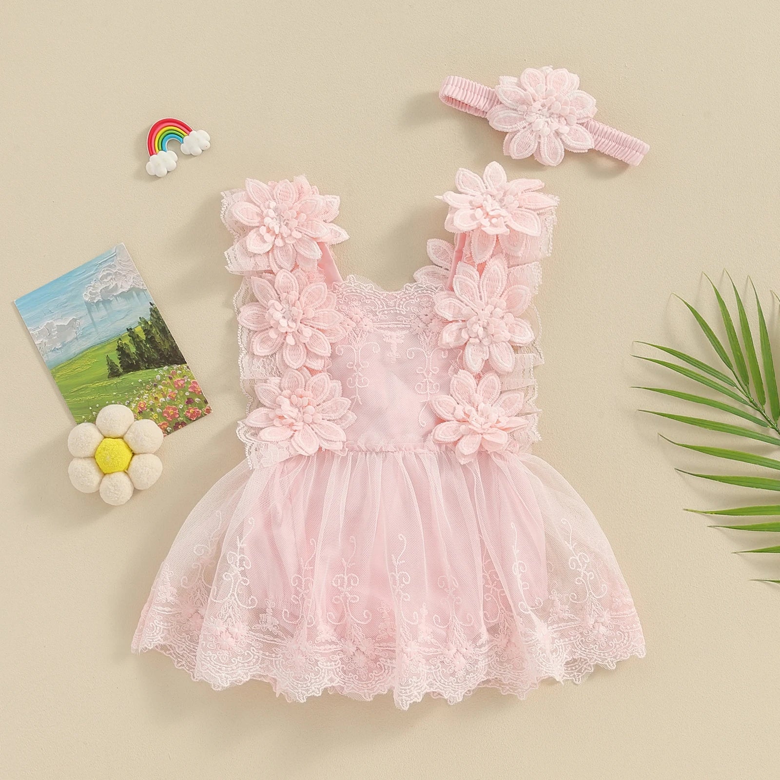 Pudcoco Infant Baby Girls Romper, Summer Sleeveless Square Neck Floral Lace Casual Party Street Bodysuit Tops + Head Band 0 - 18M - Clothesfassion.store
