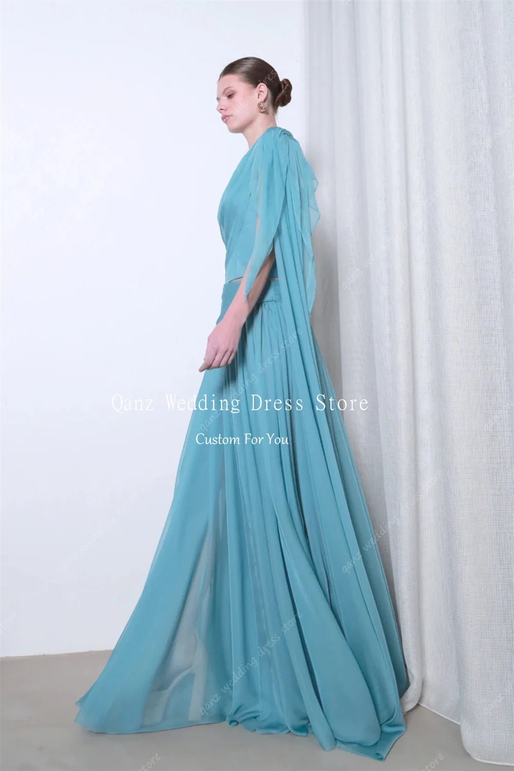 Qanz Long A Line Evening Dress Turquoise Chiffon Two - piece Elegant Dresses For Woman Pleat Dubai Robes De Soirée Customized - Clothesfassion.store