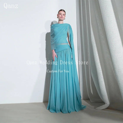 Qanz Long A Line Evening Dress Turquoise Chiffon Two - piece Elegant Dresses For Woman Pleat Dubai Robes De Soirée Customized - Clothesfassion.store