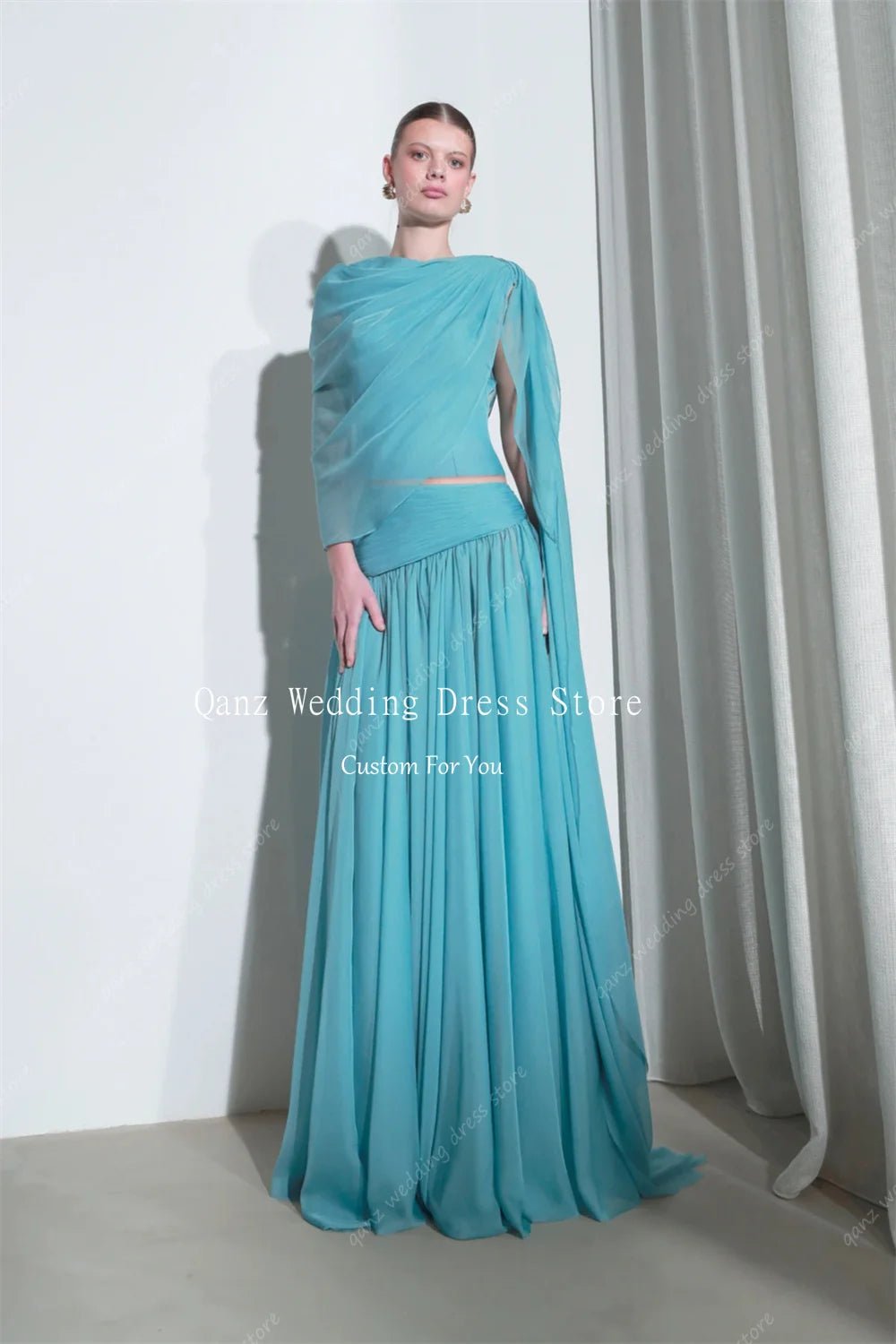 Qanz Long A Line Evening Dress Turquoise Chiffon Two - piece Elegant Dresses For Woman Pleat Dubai Robes De Soirée Customized - Clothesfassion.store
