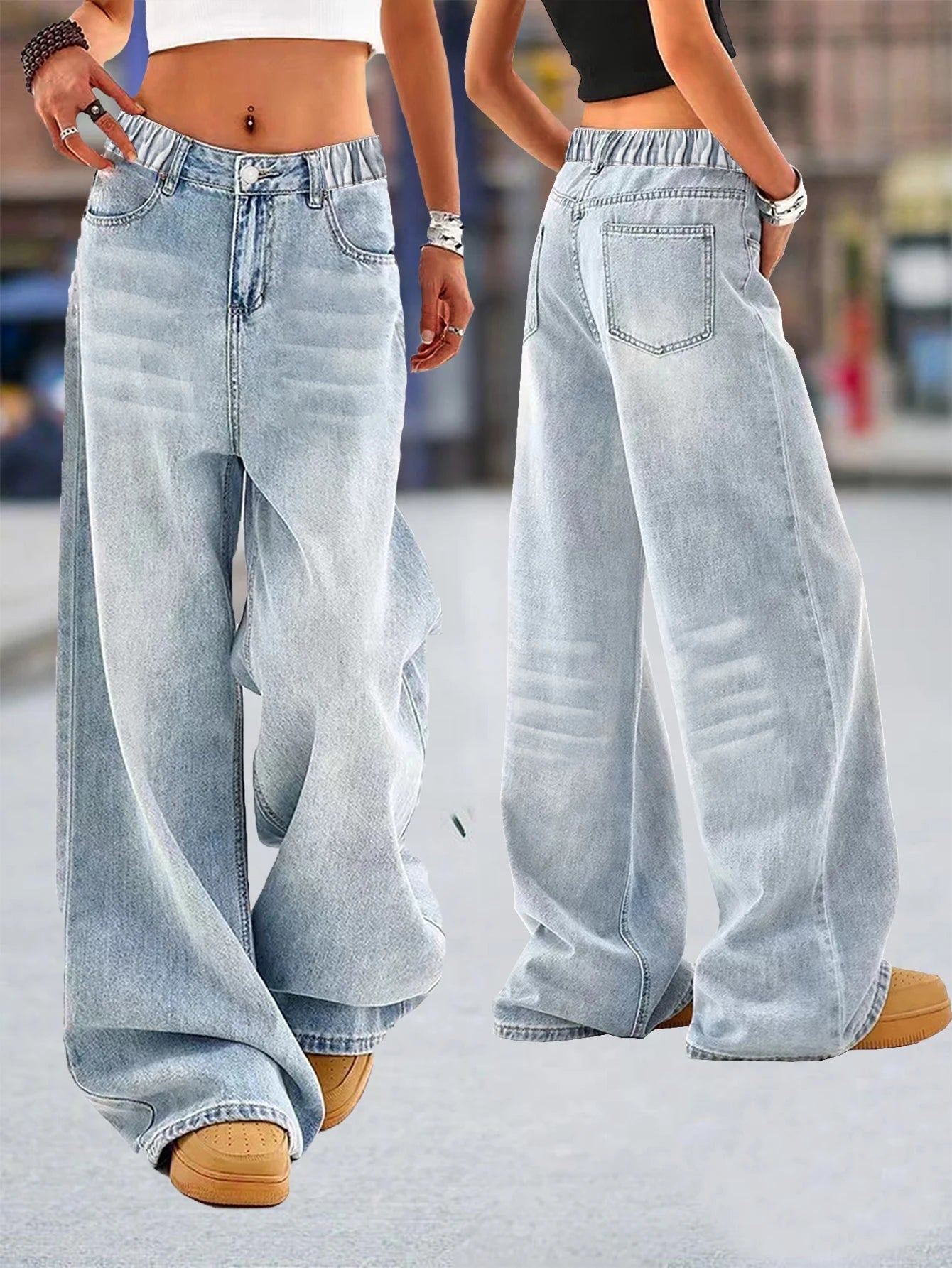 Retro washed blue loose wide - leg straight pants for middle and large children and girls, casual, simple and versatile long jeans - Clothesfassion.store