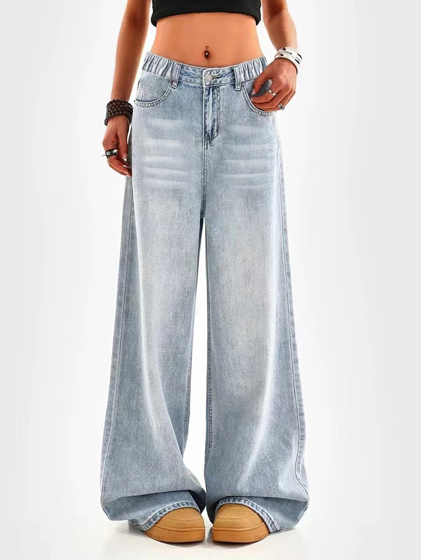 Retro washed blue loose wide - leg straight pants for middle and large children and girls, casual, simple and versatile long jeans - Clothesfassion.store