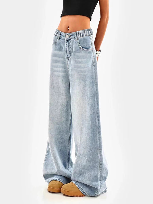Retro washed blue loose wide - leg straight pants for middle and large children and girls, casual, simple and versatile long jeans - Clothesfassion.store
